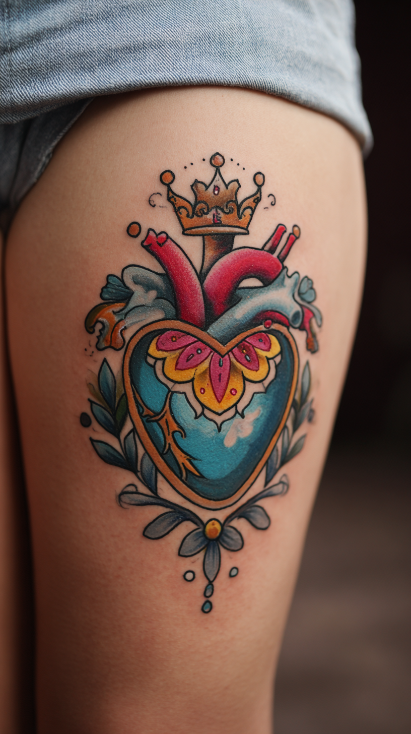 Women's Neo-Traditional Sacred Heart Tattoo on Thigh
