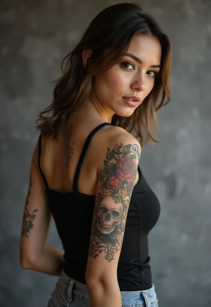 25 Beautiful Arm Tattoos for Women: Creative Ideas for Every Style - 15. Floral Skull Tattoo