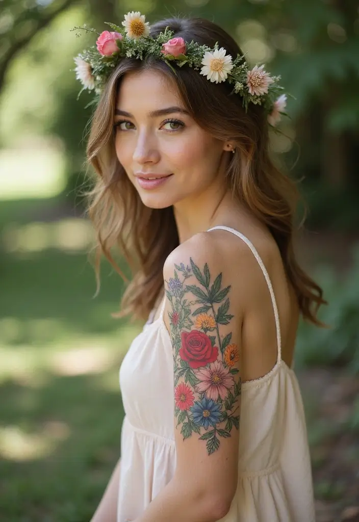 25 Beautiful Arm Tattoos for Women: Creative Ideas for Every Style - 16. Flower Crown Tattoo