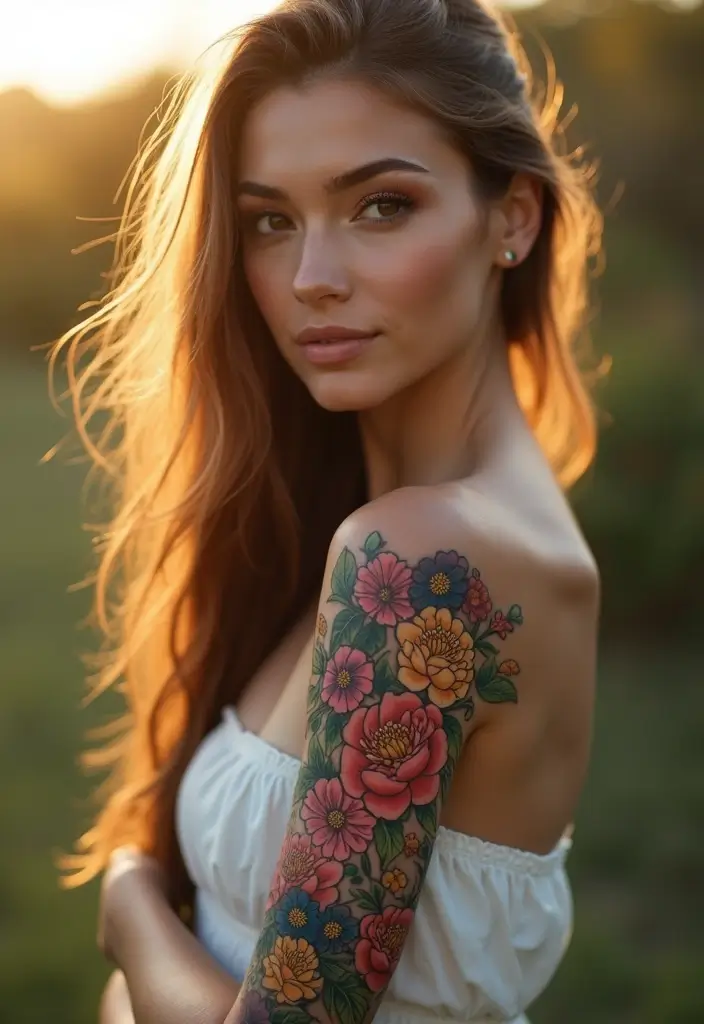 25 Beautiful Arm Tattoos for Women: Creative Ideas for Every Style - 3. Colorful Floral Sleeve Tattoo