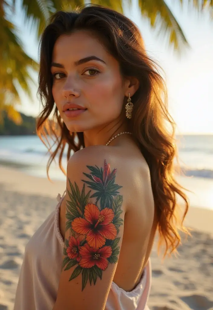 25 Boujee Tattoos for Women: Luxe & High-End Ink Ideas - 13. Tropical Floral Sleeve