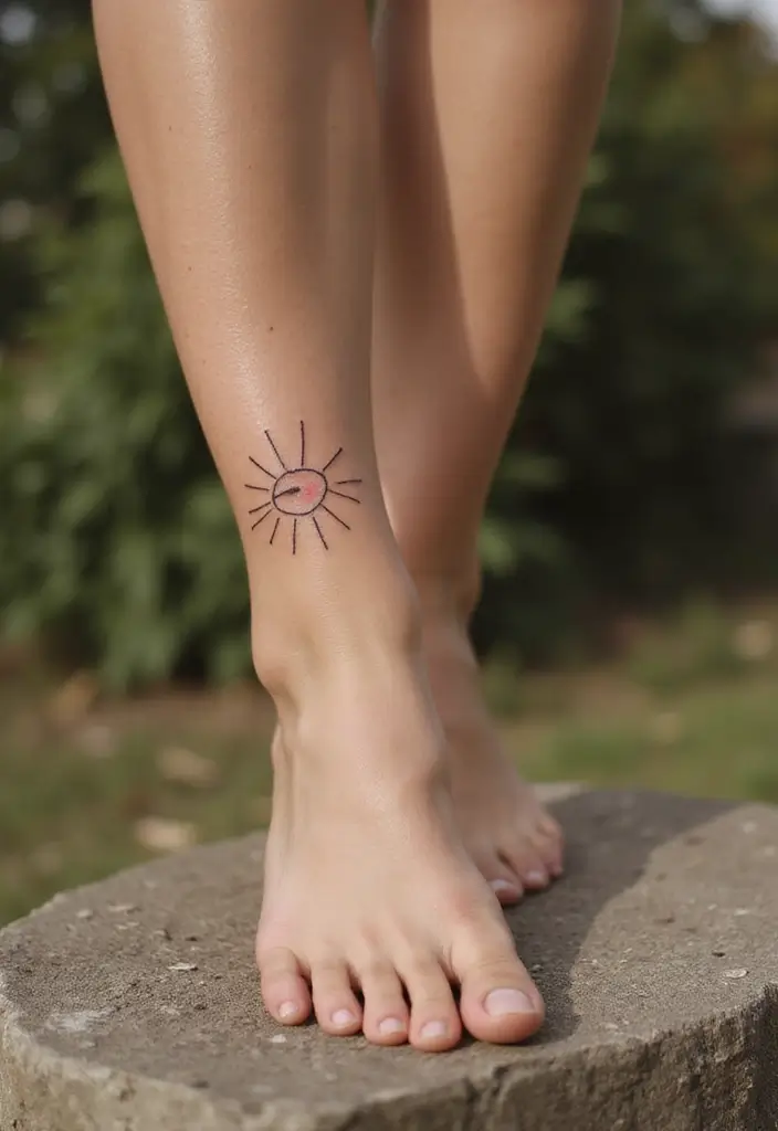 25 Delicate Ankle Tattoos for Women: Simple & Feminine Ink - 22. Minimalist Sun Design