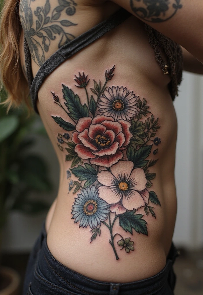 25 Elegant Rib Tattoos for Women: Creative & Feminine Body Art Ideas - 22. Vintage Floral Collage