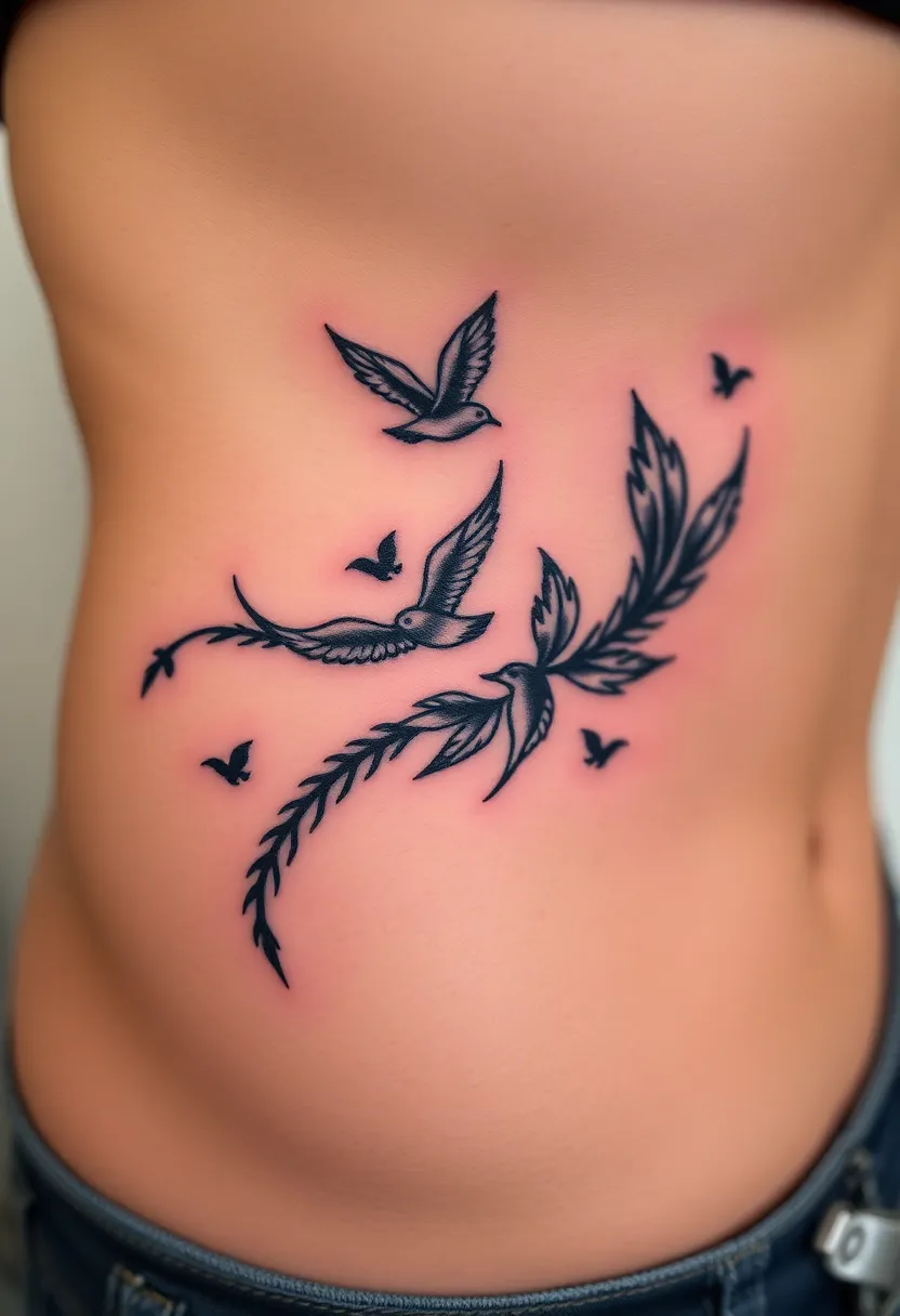 25 Elegant Rib Tattoos for Women: Creative & Feminine Body Art Ideas - 6. Feather and Bird Combinations
