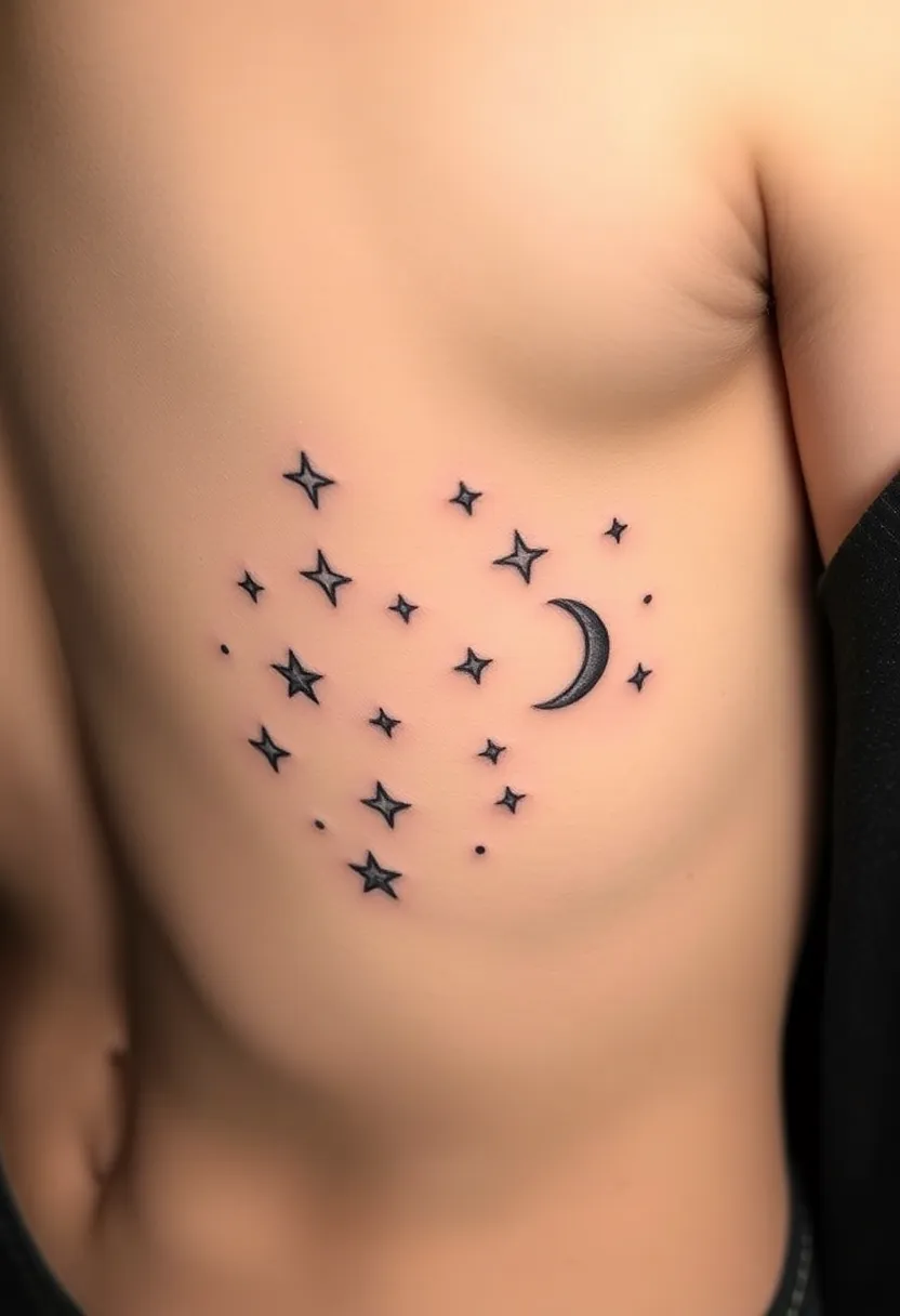 25 Elegant Rib Tattoos for Women: Creative & Feminine Body Art Ideas - 8. Celestial Designs
