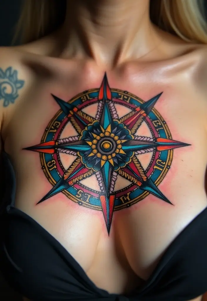 25 Empowering Breast Tattoos for Women: Healing & Strength - 14. The Compass of Direction