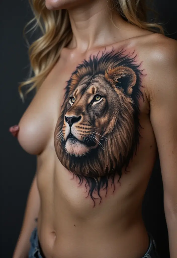 25 Empowering Breast Tattoos for Women: Healing & Strength - 18. The Empowering Lioness