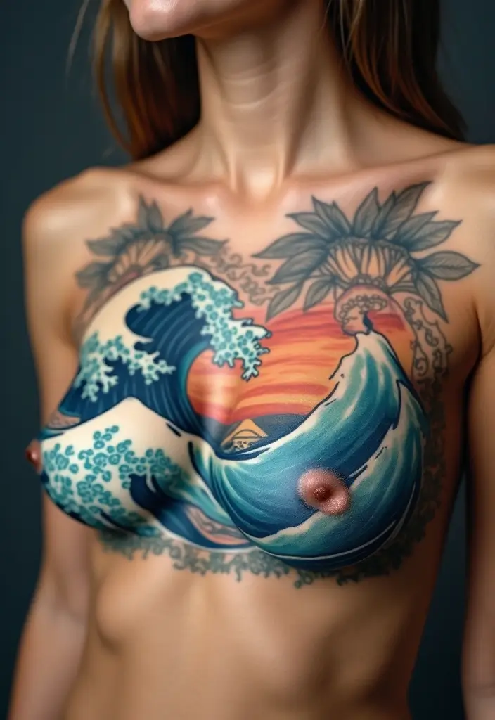 25 Empowering Breast Tattoos for Women: Healing & Strength - 19. The Ocean Waves of Change