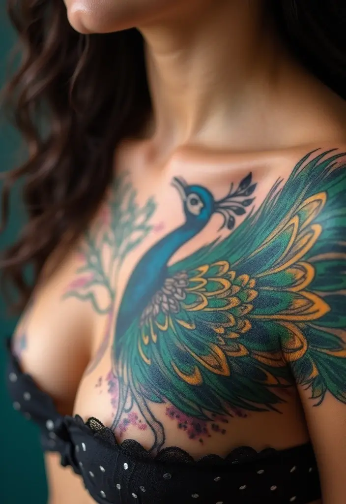25 Empowering Breast Tattoos for Women: Healing & Strength - 21. The Elegant Peacock