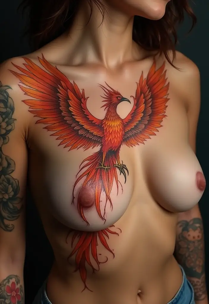 25 Empowering Breast Tattoos for Women: Healing & Strength - 6. Phoenix Rising