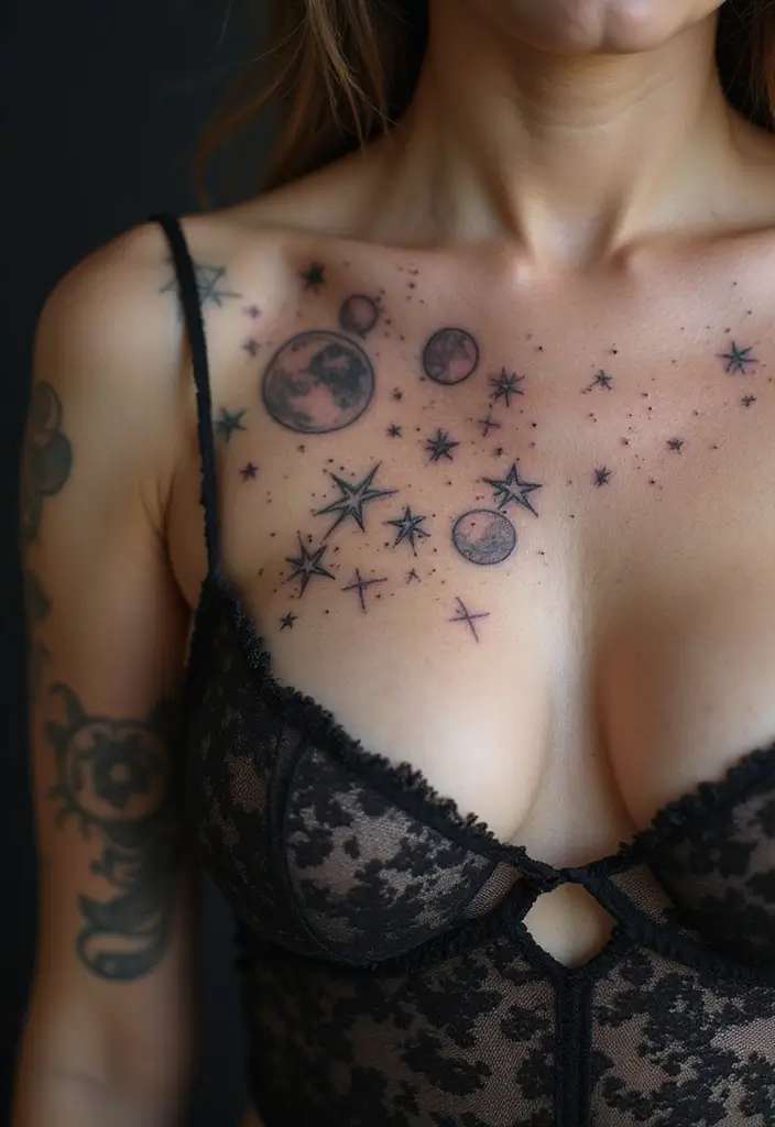 25 Empowering Breast Tattoos for Women: Healing & Strength - 9. Celestial Bodies