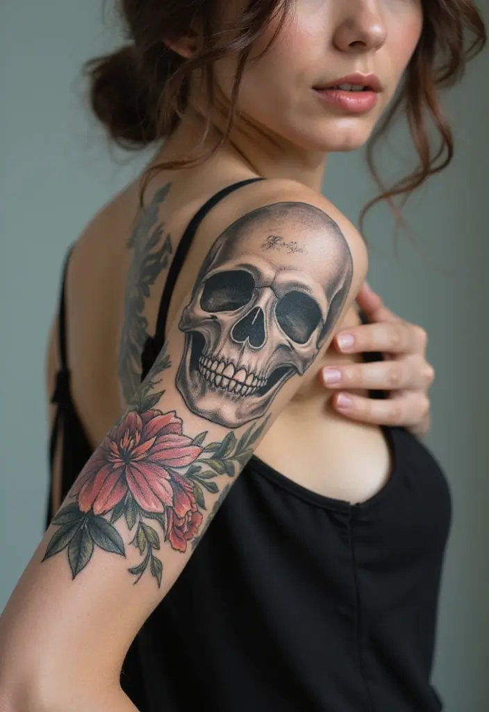25 Full Sleeve Tattoos for Women: Creative & Bold Body Art - 10. Floral Skull Design