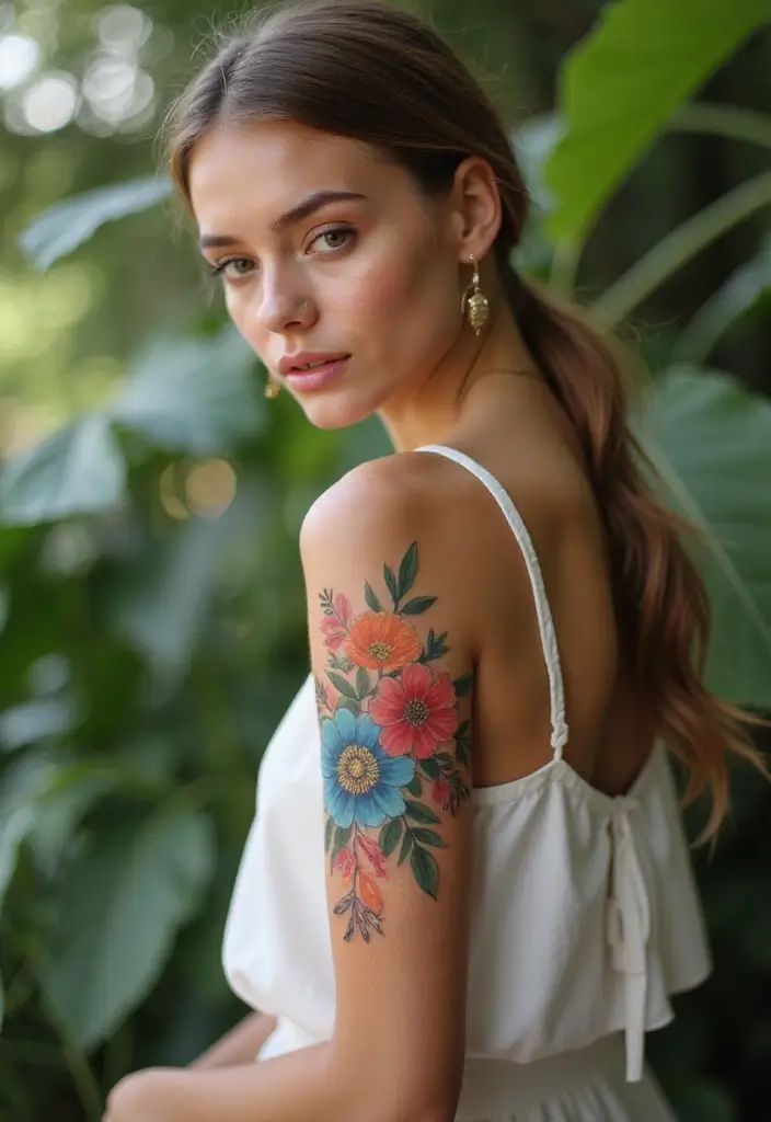 25 Full Sleeve Tattoos for Women: Creative & Bold Body Art - 12. Floral Watercolor Tattoo
