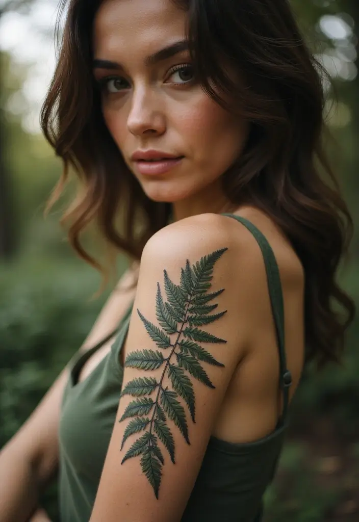25 Full Sleeve Tattoos for Women: Creative & Bold Body Art - 16. Fern and Leaf Combination