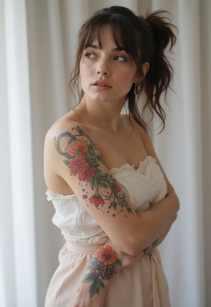 25 Full Sleeve Tattoos for Women: Creative & Bold Body Art - 19. Floral Constellations