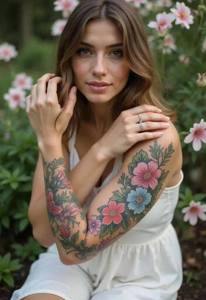 25 Full Sleeve Tattoos for Women: Creative & Bold Body Art - 21. Colorful Garden of Life