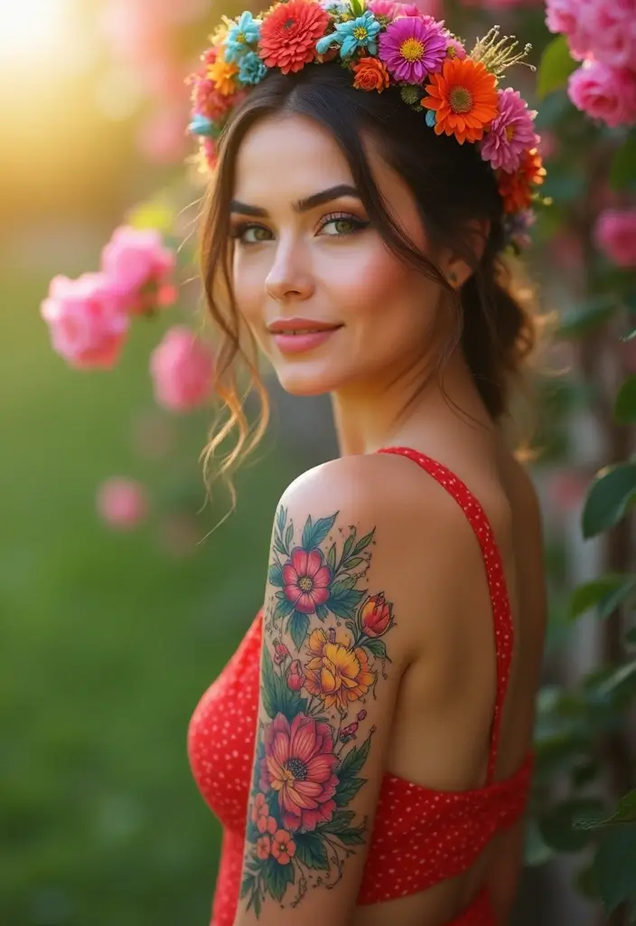 25 Full Sleeve Tattoos for Women: Creative & Bold Body Art - 23. Festive Flower Crown