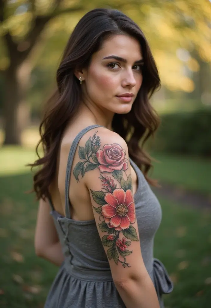 25 Full Sleeve Tattoos for Women: Creative & Bold Body Art - 25. Seasonal Flower Sleeve