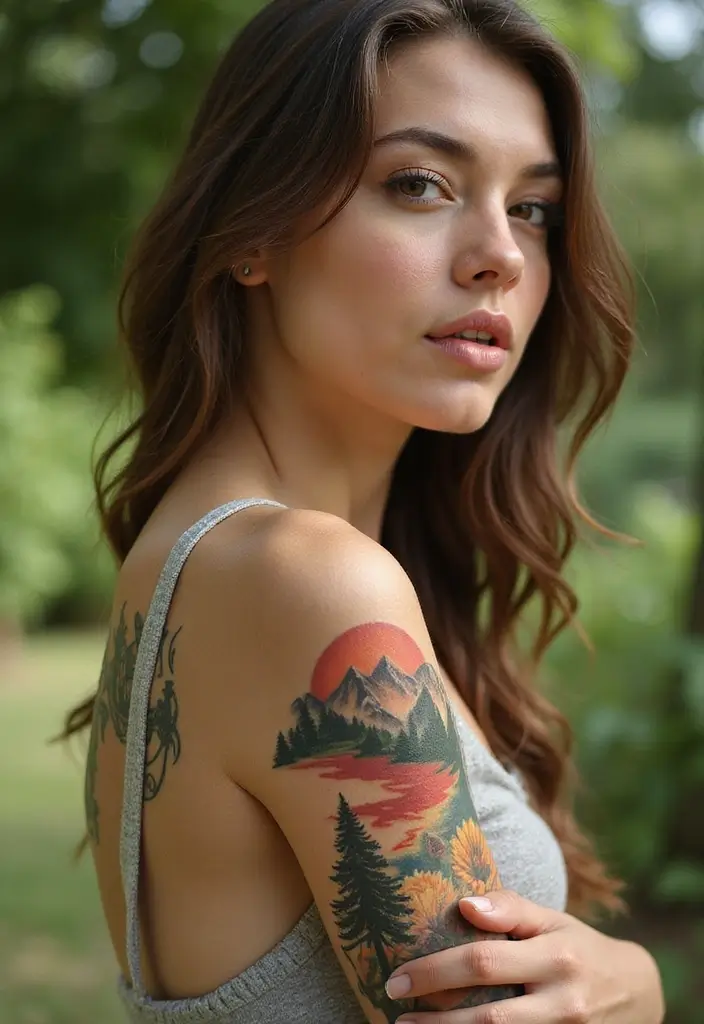 25 Full Sleeve Tattoos for Women: Creative & Bold Body Art - 6. Nature Scene Landscape