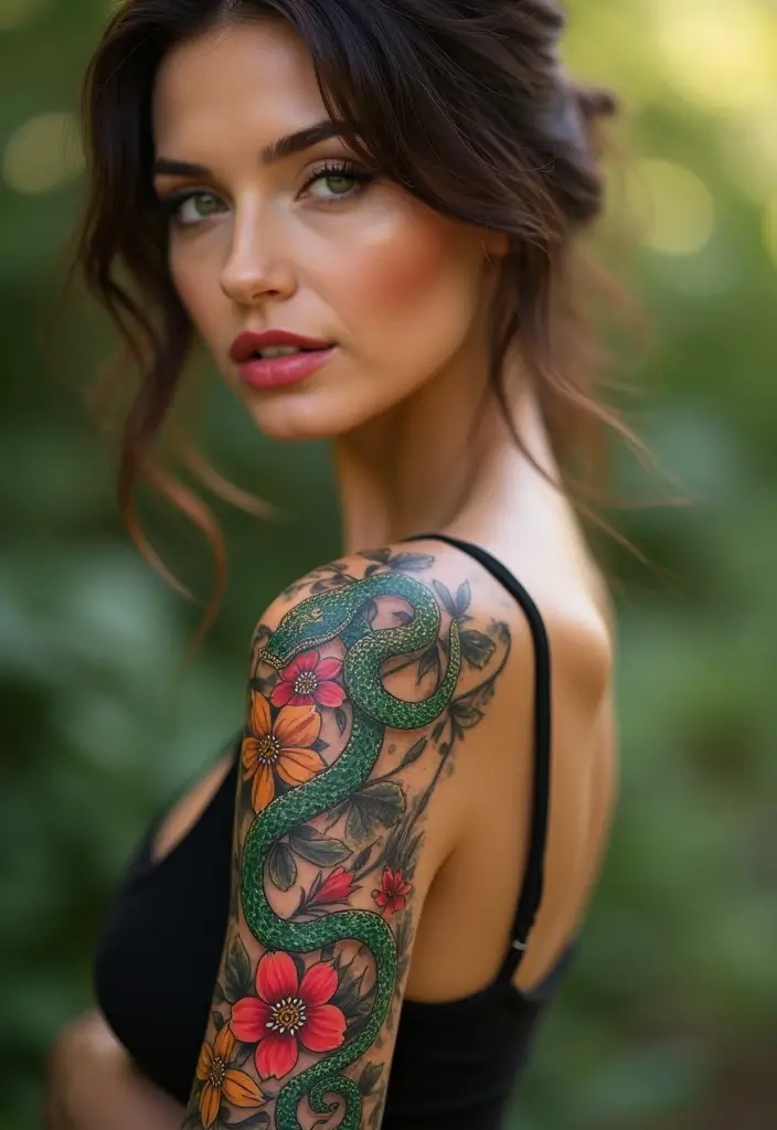 25 Full Sleeve Tattoos for Women: Creative & Bold Body Art - 7. Mystical Snake with Flowers
