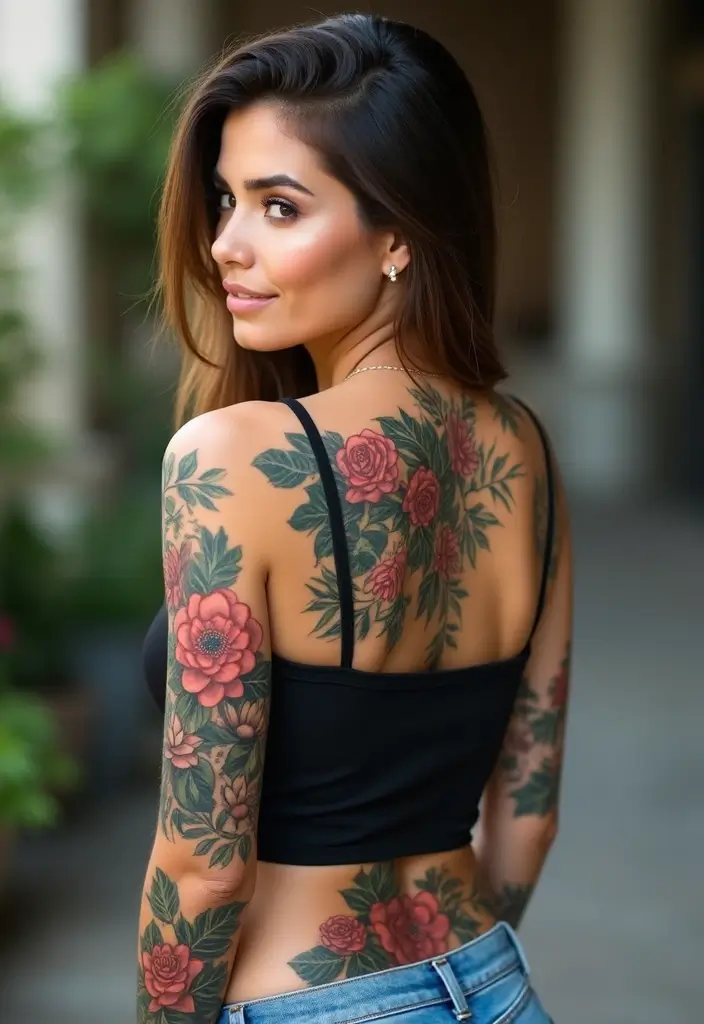 25 Sensual Lower Back Tattoos for Women: Classic & Timeless - 20. Bold Floral Sleeve Extensions