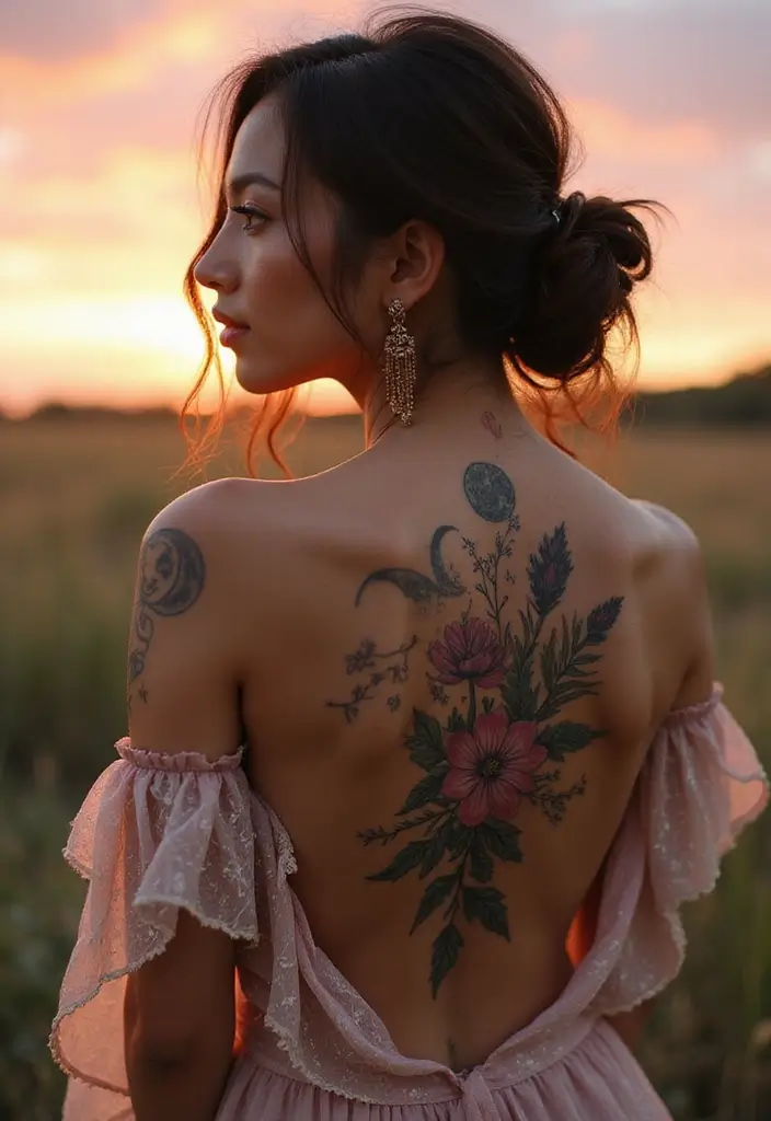 25 Sensual Lower Back Tattoos for Women: Classic & Timeless - 23. Celestial Floral Designs
