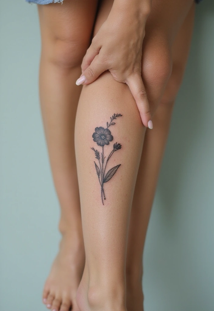 25 Stylish Calf Tattoos for Women: Creative & Eye-Catching - 11. Minimalist Floral Silhouette