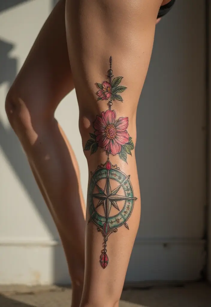 25 Stylish Calf Tattoos for Women: Creative & Eye-Catching - 14. Floral Compass Tattoo