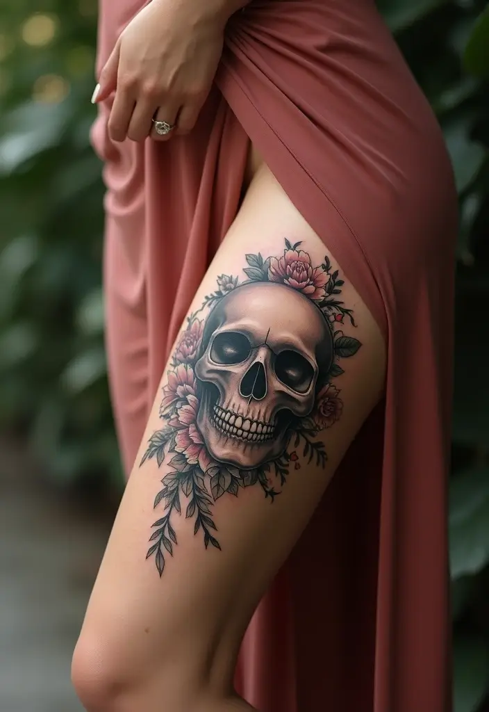 25 Stylish Calf Tattoos for Women: Creative & Eye-Catching - 18. Floral Skull Tattoo