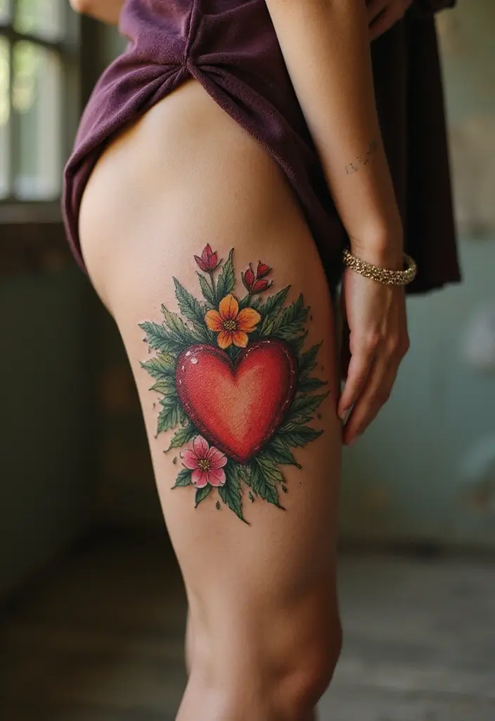 25 Stylish Calf Tattoos for Women: Creative & Eye-Catching - 19. Floral Heart Tattoo
