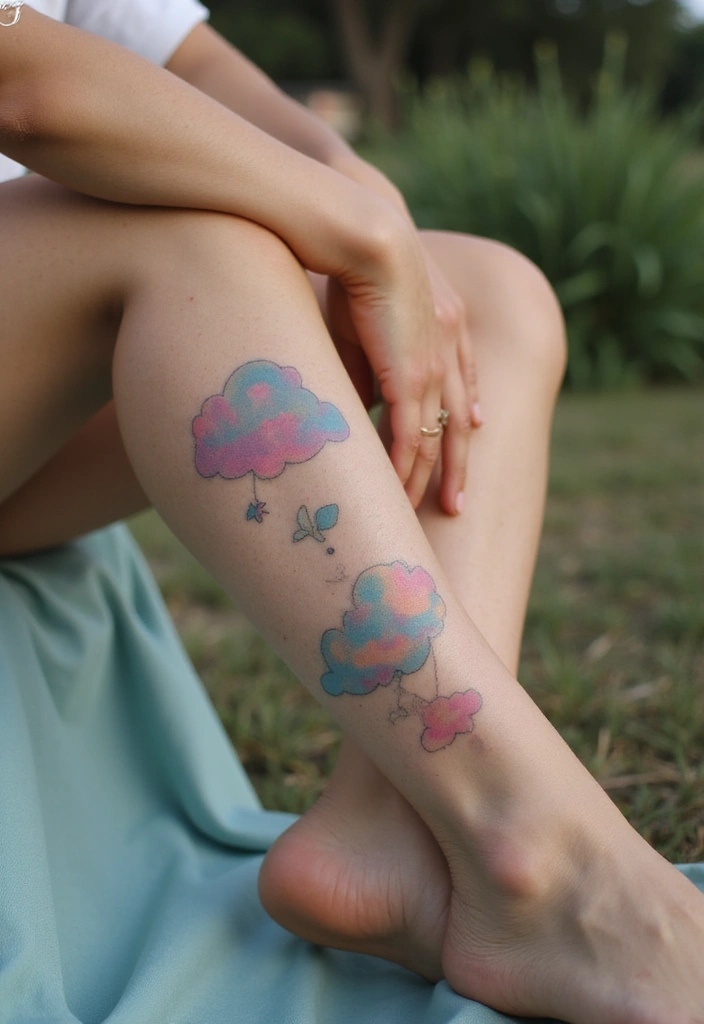 25 Stylish Calf Tattoos for Women: Creative & Eye-Catching - 21. Dreamy Floral Clouds