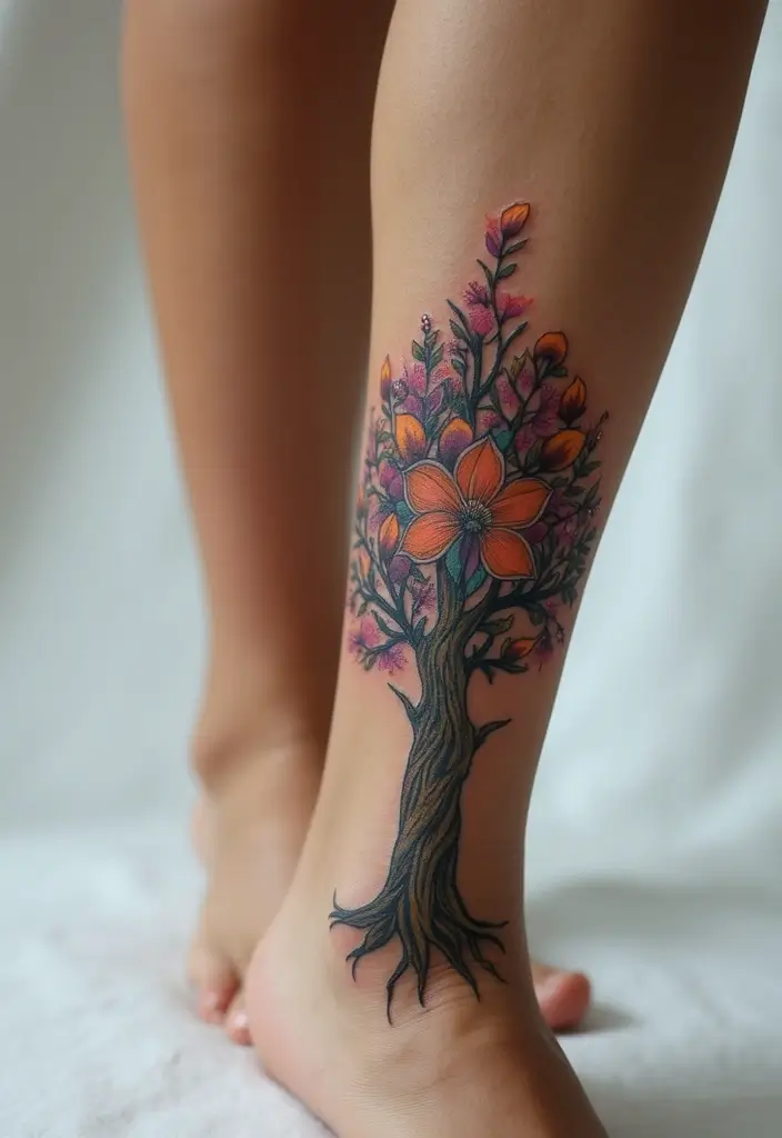 25 Stylish Calf Tattoos for Women: Creative & Eye-Catching - 23. Floral Tree of Life