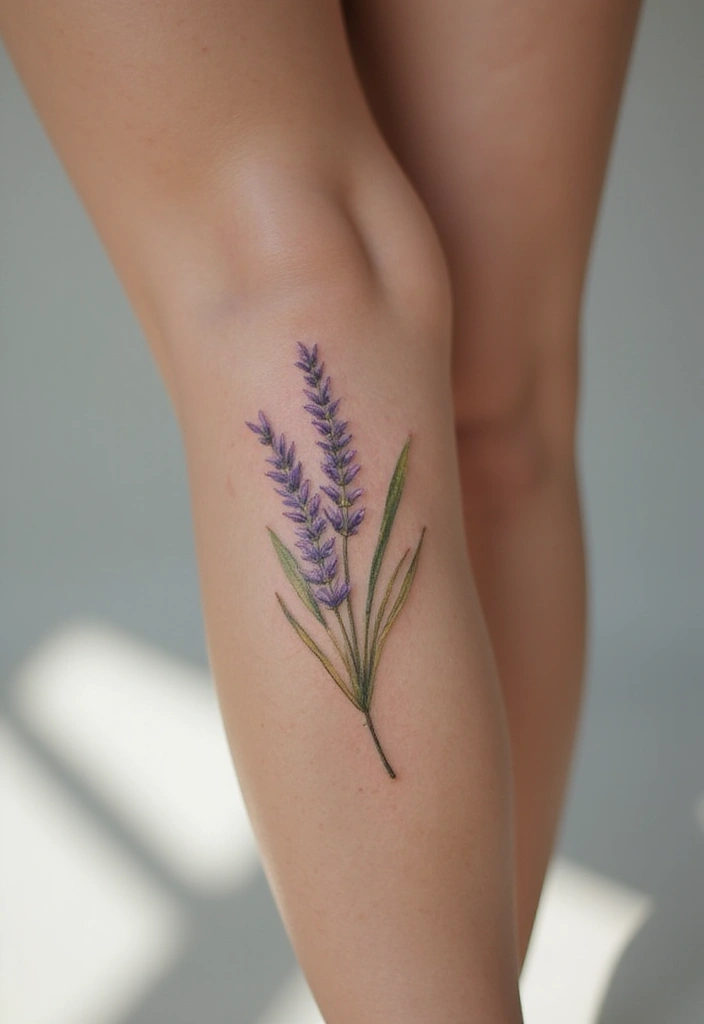 25 Stylish Calf Tattoos for Women: Creative & Eye-Catching - 5. Delicate Lavender Sprigs