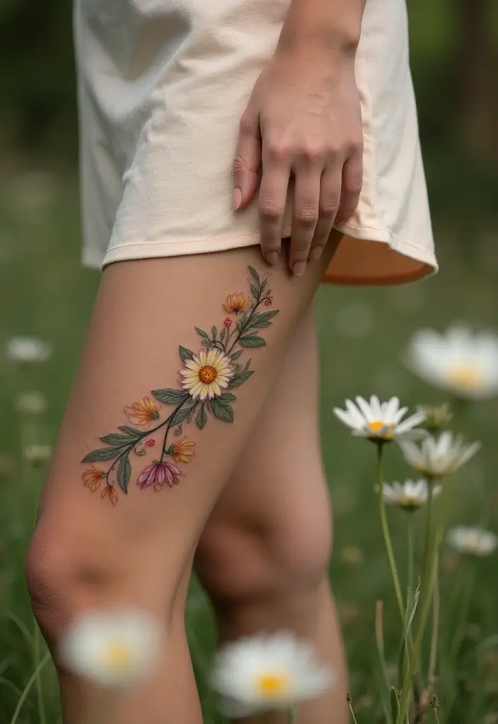 25 Stylish Calf Tattoos for Women: Creative & Eye-Catching - 7. Charming Daisy Chains