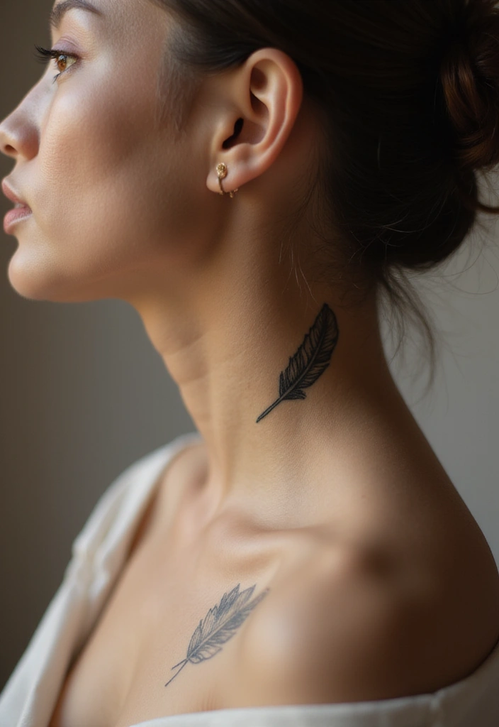 25 Subtle Neck Tattoos for Women: Minimalist & Elegant Ink - 12. Subtle Feather Designs