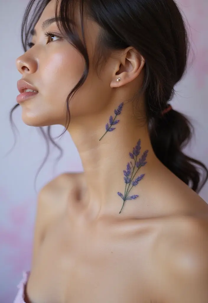 25 Subtle Neck Tattoos for Women: Minimalist & Elegant Ink - 16. Soft Lavender Sprigs
