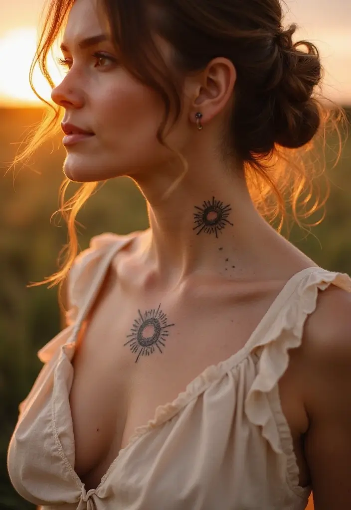 25 Subtle Neck Tattoos for Women: Minimalist & Elegant Ink - 23. Subtle Sun Designs