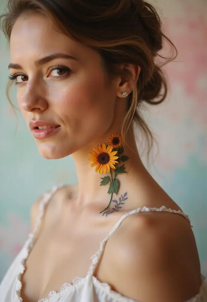 25 Subtle Side Neck Tattoos for Women: Understated Elegance - 13. Small Sunflower