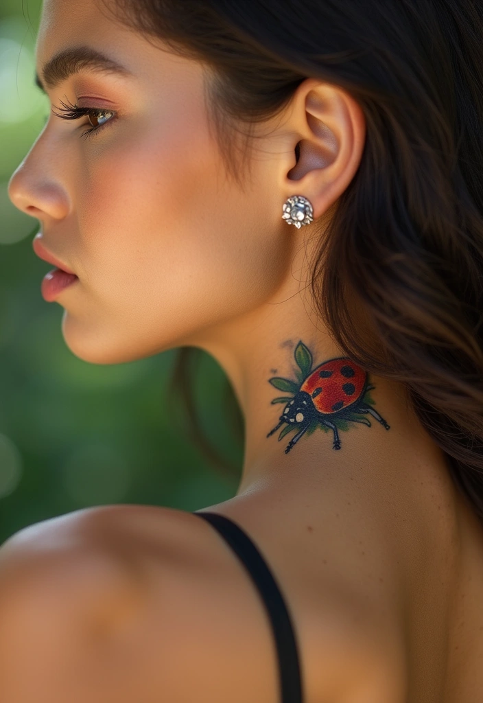 25 Subtle Side Neck Tattoos for Women: Understated Elegance - 23. Charming Ladybug
