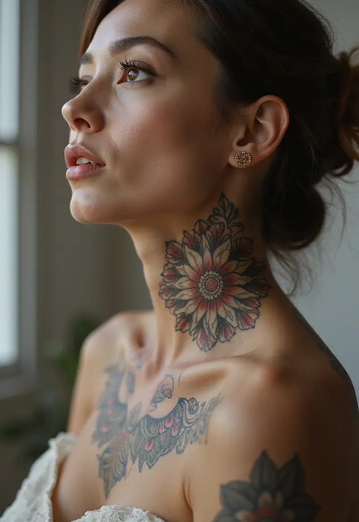 25 Subtle Side Neck Tattoos for Women: Understated Elegance - 25. Floral Mandala