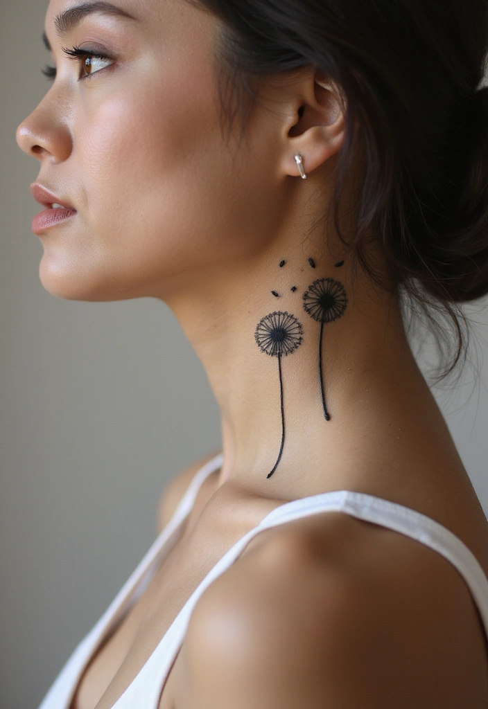 25 Subtle Side Neck Tattoos for Women: Understated Elegance - 8. Minimalist Dandelions