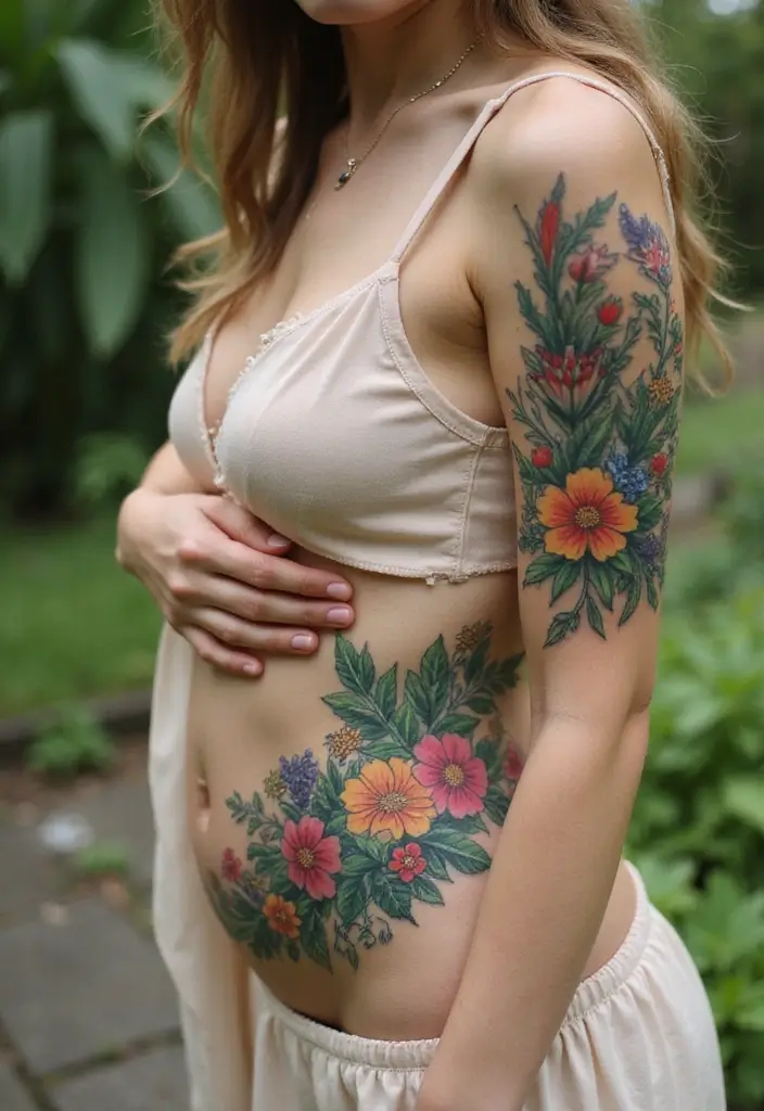 26 Beautiful Belly Tattoos for Women: Artistic & Feminine - 23. Garden-Themed Designs