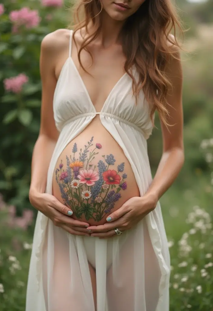 26 Beautiful Belly Tattoos for Women: Artistic & Feminine - 3. Dainty Wildflower Bouquets