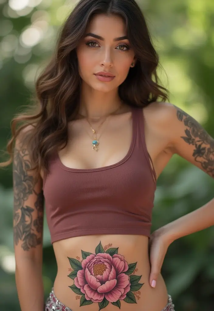 26 Beautiful Belly Tattoos for Women: Artistic & Feminine - 7. Alluring Peonies