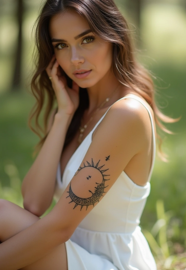 26 Bold Thigh Tattoos for Women in Black Ink: Timeless Style - 22. Minimalist Sun and Moon