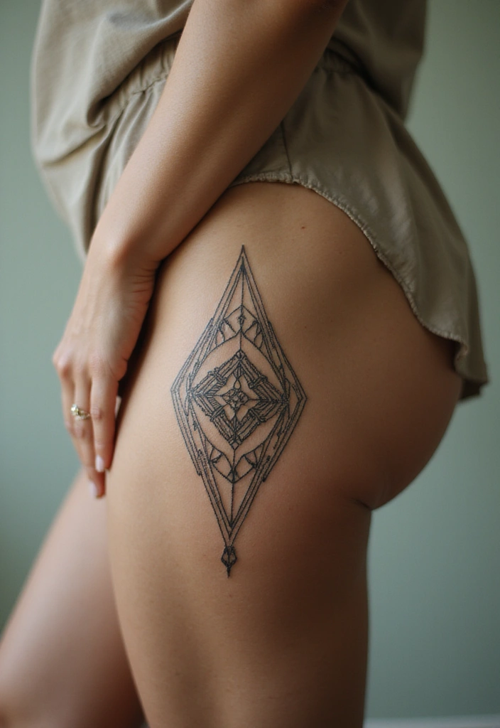 26 Bold Thigh Tattoos for Women in Black Ink: Timeless Style - 25. Art Deco Inspiration