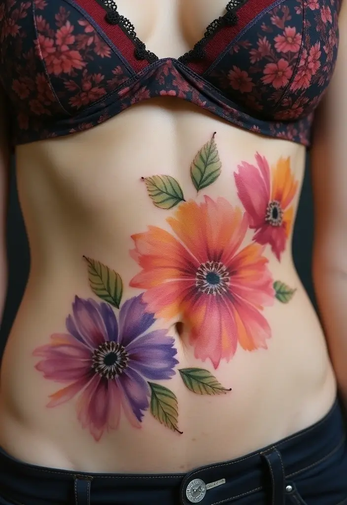 26 Creative Stomach Tattoos for Women: Unique & Personal - 1. Watercolor Flowers
