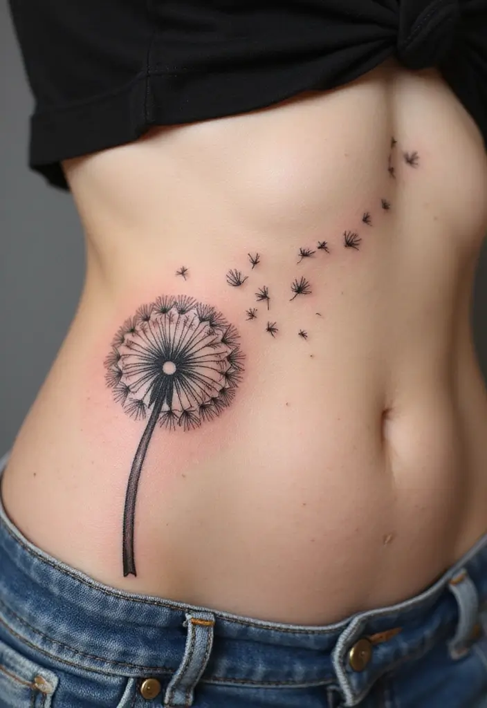 26 Creative Stomach Tattoos for Women: Unique & Personal - 11. Dandelion Whispers