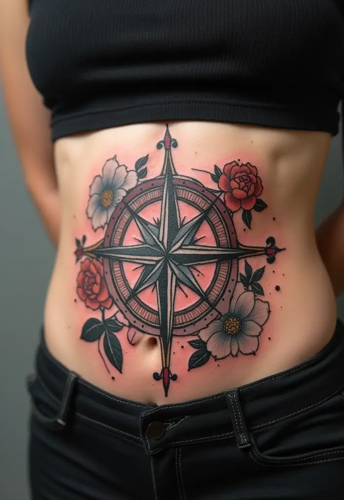26 Creative Stomach Tattoos for Women: Unique & Personal - 12. Floral Compass