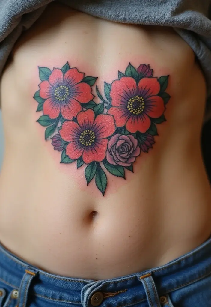 26 Creative Stomach Tattoos for Women: Unique & Personal - 14. Floral Heart
